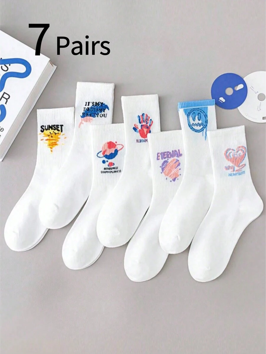 7 pares de calcetines estampados para niñas, niños, adolescentes, calcetines largos deportivos casuales blancos, aptos para primavera, otoño y todas las temporadas - Multicolor - Ver 1