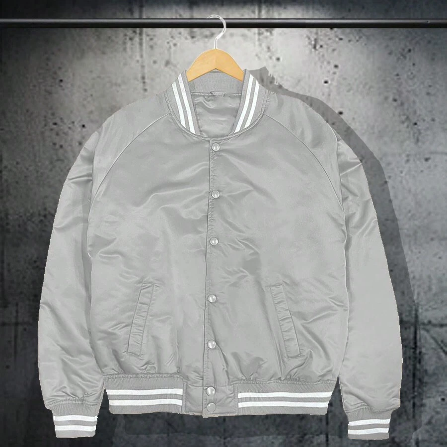 Men Solid Varsity Bomber Jacket Waterproof Fall Winter Summer Lightweight All Season Striped Trim Slant Pockets Baseball Jacket Snap Button - 灰色 - 查看 1