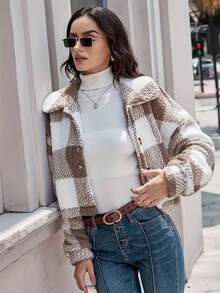 Cazadora De Forro Polar Teddy Con Estampado De Cuadros De Hombros Caídos,Abrigos Mujer,Chamarras Para Mujer,Chaquetas De Mujer - Café integral - Ver 4