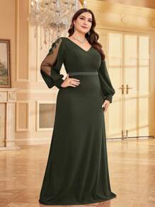 XUIBOL Abito da sera elegante per donna con scollo a V, applicazioni, manica lunga, taglia curvy, adatto per laurea, cena, evento mondano, matrimonio - Verde Oliva - Visualizzare 7