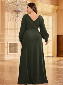 XUIBOL Abito da sera elegante per donna con scollo a V, applicazioni, manica lunga, taglia curvy, adatto per laurea, cena, evento mondano, matrimonio - Verde Oliva - Visualizzare 5