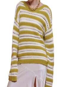 Blu Pepper Stripe Open Knit Top - 奇異果 - 查看 1