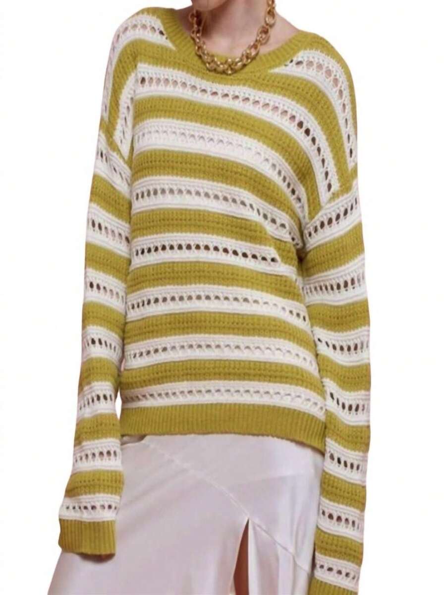 Blu Pepper Stripe Open Knit Top - 奇異果 - 查看 1