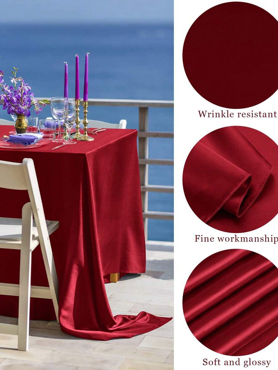 1 pieza Mantel de satén borgoña liso para cocina, comedor, decoración de mesa, adecuado para boda, restaurante, reunión, fiesta de cumpleaños, exterior - Burdeos - Ver 1