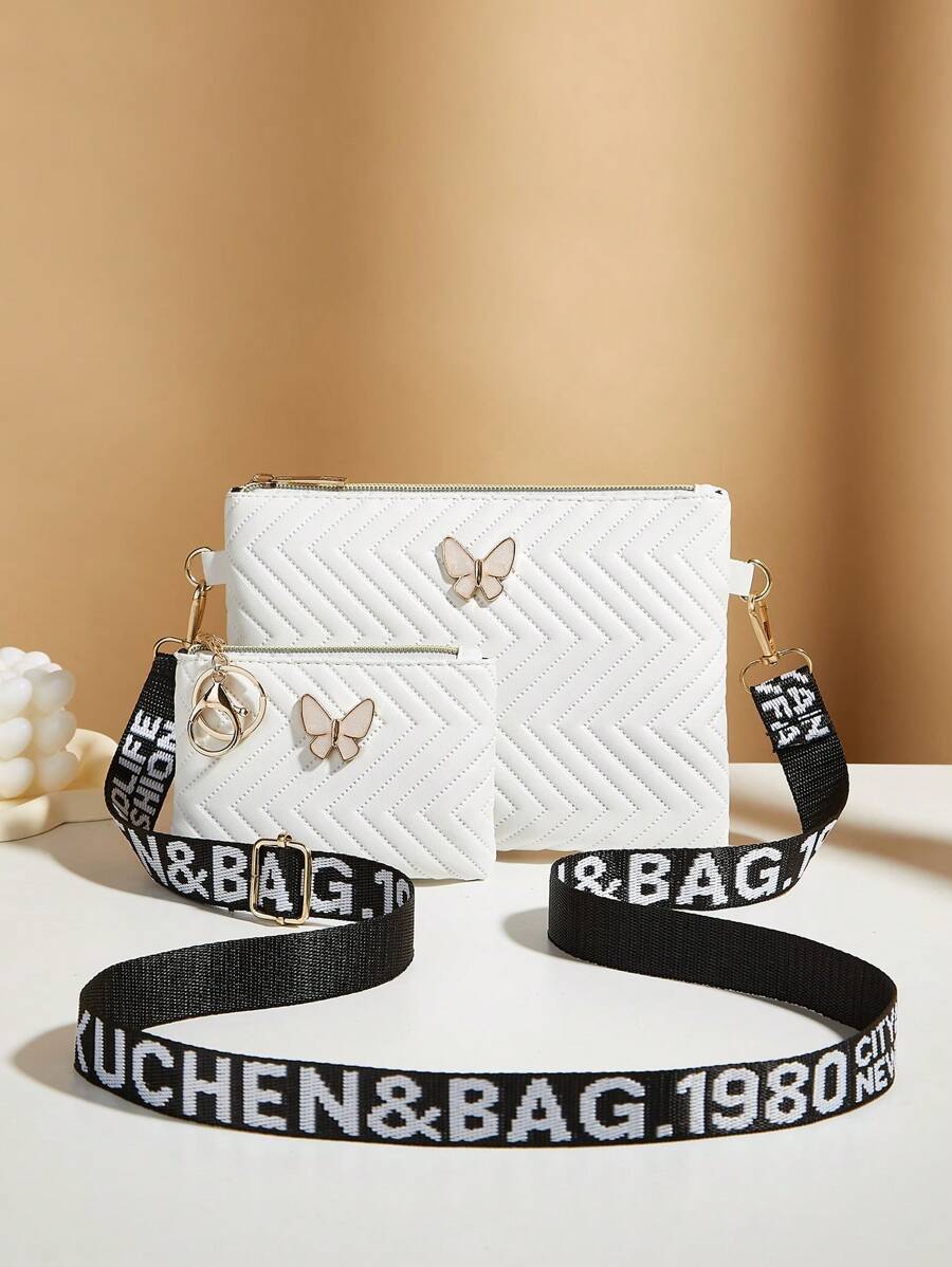 2pcs/Set Embossed Crossbody Purse Butterfly Shoulder Bag With Phone Pouch, Butterfly Bag - White - View 1