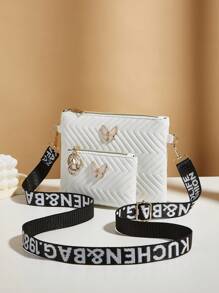 2pcs/Set Embossed Crossbody Purse Butterfly Shoulder Bag With Phone Pouch, Butterfly Bag - White - View 2