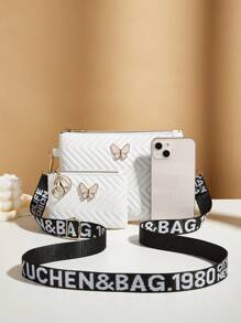 2pcs/Set Embossed Crossbody Purse Butterfly Shoulder Bag With Phone Pouch, Butterfly Bag - White - View 4