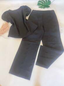 KALINA FASHION Women's Tailoring Set Puff Sleeve Blouse And Long Straight Pants Summer Casual Two-Piece Set - 黑色 - 查看 4