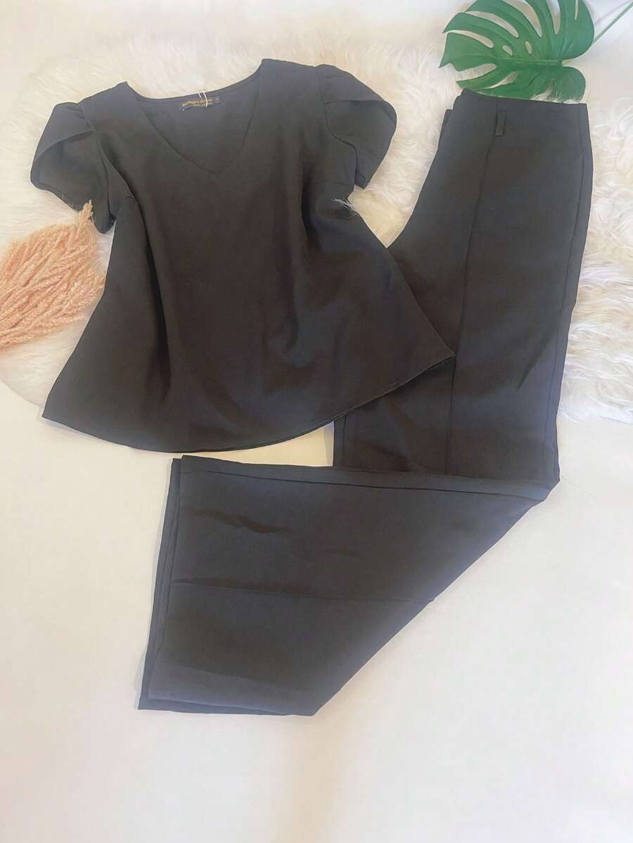 KALINA FASHION Women's Tailoring Set Puff Sleeve Blouse And Long Straight Pants Summer Casual Two-Piece Set - 黑色 - 查看 1