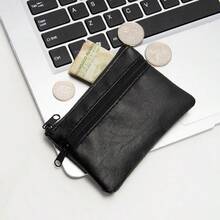Mini PU Leather Coin Purse Solid Color Zipper Pouch Portable Card Holder Wallet Wallet Small - Black - View 2