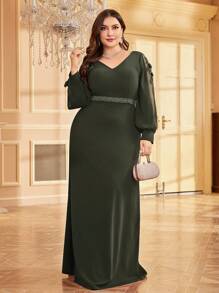 XUIBOL Abito da sera elegante per donna con scollo a V, applicazioni, manica lunga, taglia curvy, adatto per laurea, cena, evento mondano, matrimonio - Verde Oliva - Visualizzare 2