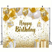 1 pieza, Banner de decoraciones de fiesta de cumpleaños blanco y dorado, telón de fondo de feliz cumpleaños blanco y dorado, gran fondo de fotografía de cumpleaños blanco y dorado para decoración de fiesta de mujeres y hombres - Multicolor - Ver 3