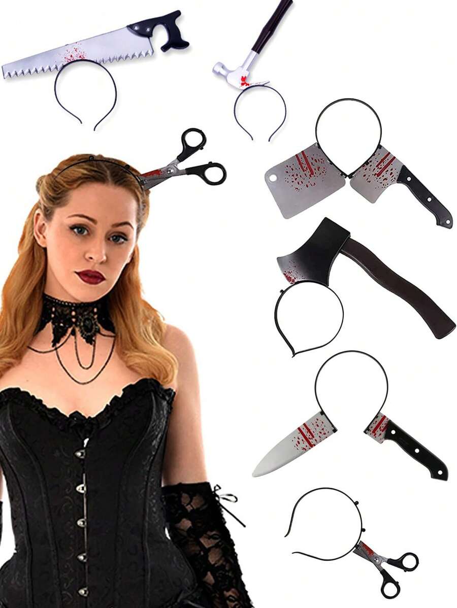 1/4件万圣节头箍见刺刀菜刀剪刀斧头锤仿真穿头吓人菜刀扣恐怖角色扮演道具头箍，万圣节恶作剧拍照道具