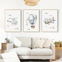 3 件装飞行器卡通帆布画，直升机飞机热气球儿童房墙壁艺术印刷海报，斯堪的纳维亚房间装饰图片，墙壁装饰，家庭房间装饰墙壁艺术，无框 - 彩色 - 查看 4