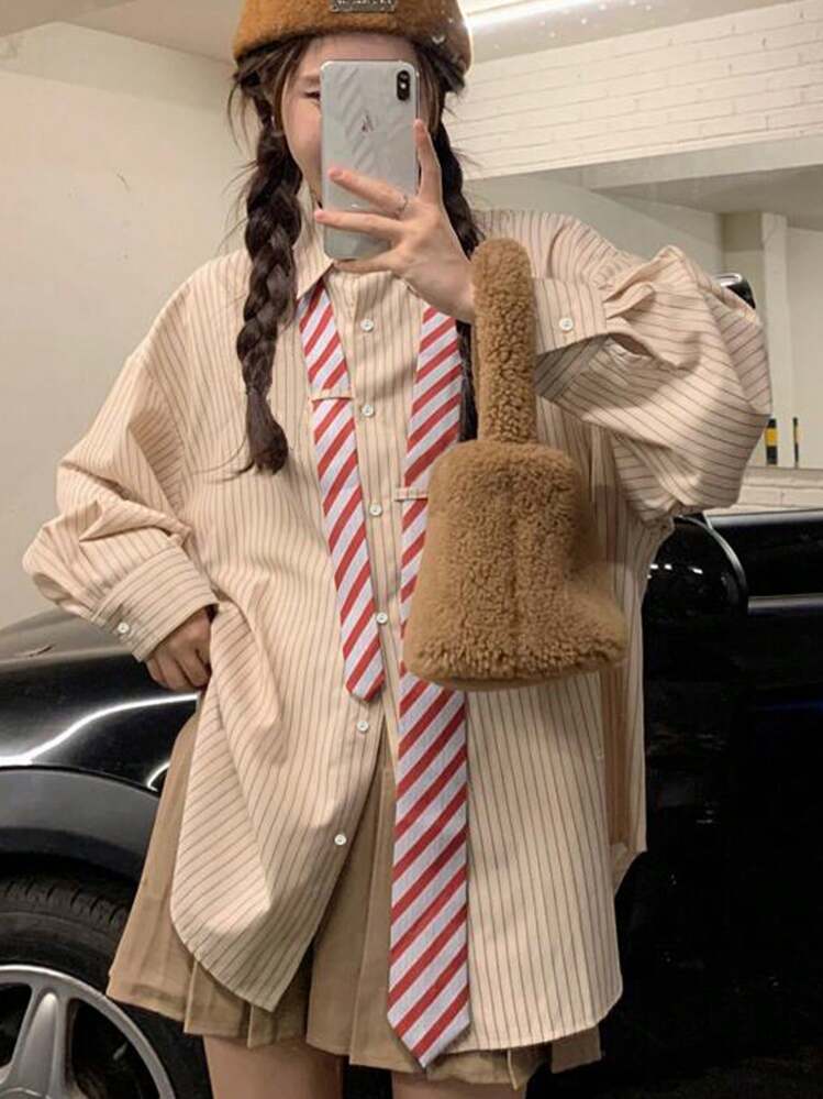 ストライプブラウス リボン付き プレッピースタイル 長袖 ボタンアップシャツ レディース スクール用衣装 - マルチカラー - 見る 2