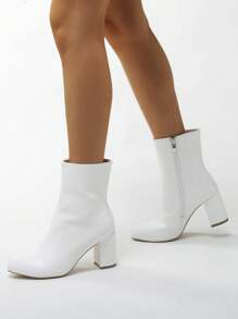 Women's High Heel Ankle Boots, Square Toe Chunky Heel Short Boots, Winter New Nude Booties