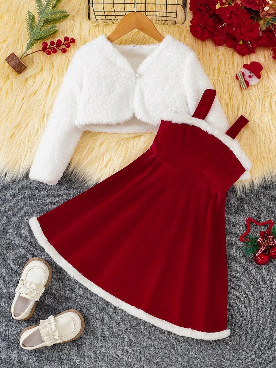 2 件套年轻女孩羊毛纯色长袖夹克和红色吊带羊毛连衣裙，适合派对、秋冬季时尚 - 彩色 - 查看 1