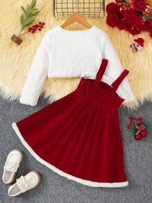2 件套年轻女孩羊毛纯色长袖夹克和红色吊带羊毛连衣裙，适合派对、秋冬季时尚 - 彩色 - 查看 2