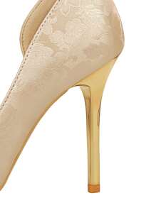 2025秋冬欧洲时尚宴会旗袍风格女士高跟细高跟鞋低帮缎面金属尖头高跟鞋，性感优雅 - 香檳色 - 查看 8