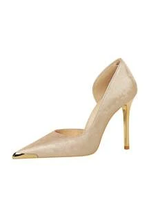 2025秋冬欧洲时尚宴会旗袍风格女士高跟细高跟鞋低帮缎面金属尖头高跟鞋，性感优雅 - 香檳色 - 查看 6