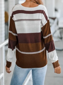 Plus Size V-Neck Contrast Color Casual Long Sleeve Pullover Sweater - Brown - View 4