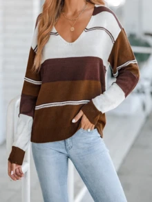 Plus Size V-Neck Contrast Color Casual Long Sleeve Pullover Sweater - Brown - View 6