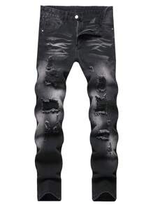 Euro Style Men Ripped Straight Leg Slim Fit Denim Jeans - Black - View 1