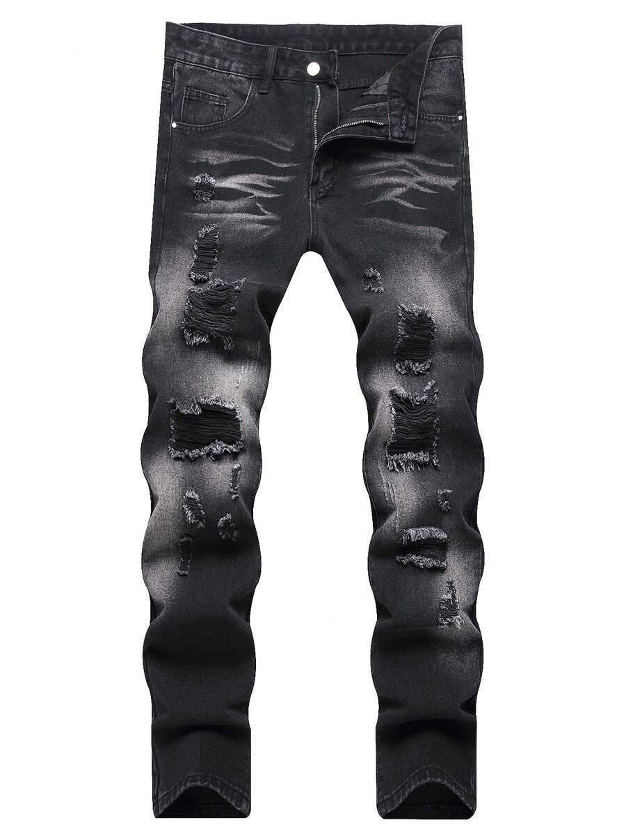 Euro Style Men Ripped Straight Leg Slim Fit Denim Jeans - Black - View 1