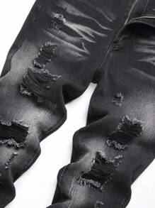 Euro Style Men Ripped Straight Leg Slim Fit Denim Jeans - Black - View 3