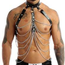 1pc Men's Sexy Metal Chain Body Harness, PU Leather Chest Binder, Bondage Belt, In-Stock, Suitable For Chinese New Year, Valentine's Day Gift, And Daily Wear - Black - View 1