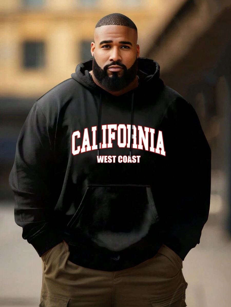 Plus Size Men's Hooded Sweatshirt, Spring Autumn Casual Streetwear Drawstring Hoodie With Simple Letter Print - Black - View 1