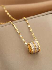 1 件不锈钢链配方晶锆石圆形吊坠项链，适合日常佩戴 - 金黃色 - 查看 6