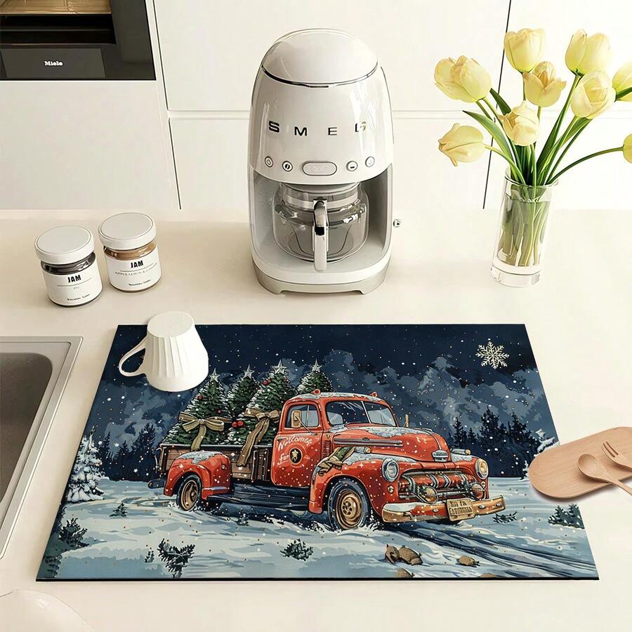 1 Tấm Thảm Sấy Đĩa In Hình Xe Tải Cây Giáng Sinh, Tấm Sấy Mặt Bếp Thấm Hút Mới, Thảm Khô Nhanh Chống Trượt Bằng Silicon Mềm Cho Quầy Bếp, Máy Pha Cà Phê, Máy Pha Cà Phê, V. V. - Nhiều màu - Xem 1