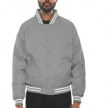 Men Solid Varsity Bomber Jacket Waterproof Fall Winter Summer Lightweight All Season Striped Trim Slant Pockets Baseball Jacket Snap Button - 灰色 - 查看 6