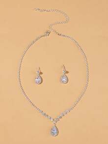 1 chiếc vòng cổ mặt hình giọt nước đính đá Rhinestone thanh lịch + 1 đôi bông tai hình giọt nước đính đá Rhinestone sang trọng, bộ trang sức thời trang 3 món cho phụ nữ dự tiệc/đám cưới - màu trắng bạc - Xem 13