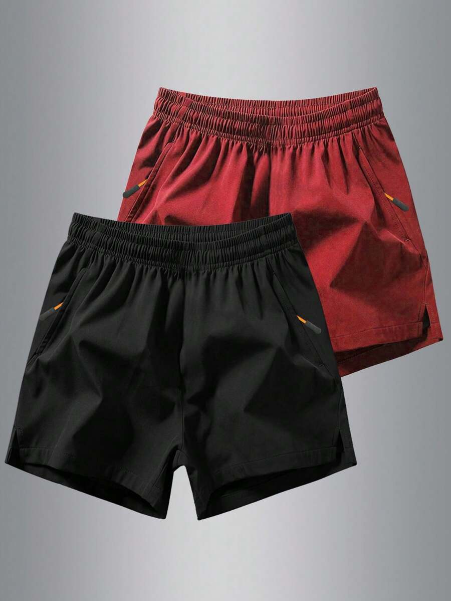 2 件装男童和青少年休闲拉链口袋运动户外短裤，春夏季 - 紅色 - 查看 1