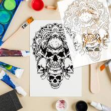 A4 骷髅模板图案绘图模板，骷髅火焰恐怖骷髅模板，用于制作剪贴簿卡片、墙壁地板艺术、节日装饰 - 29.7x21cm/11.7x8.3inch - 查看 4