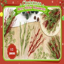 12 件圣诞装饰闪光茎糖果圈金粉人造闪光浆果茎饰品闪光树枝家居节日圣诞派对装饰用品，圣诞节 - 彩色 - 查看 6