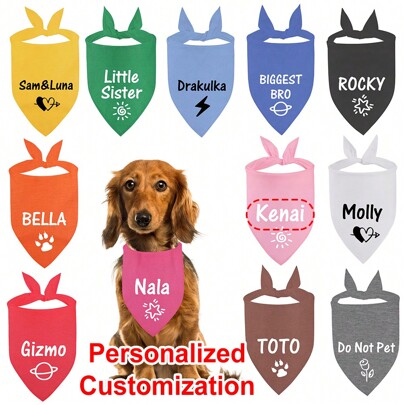 Customized Dog Bandana, 12 Color Options, Medium Dog Size, Patterns Include Heart, Bone, Paw, Personalized Name & Info