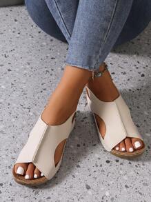 Sandalias de plataforma con suela gruesa, diseño cerrado con punta redonda y costuras huecas, de PU, lujosas y cómodas, adecuadas para exteriores y playa, para primavera/verano