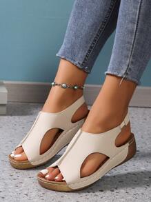 Sandalias de plataforma con suela gruesa, diseño cerrado con punta redonda y costuras huecas, de PU, lujosas y cómodas, adecuadas para exteriores y playa, para primavera/verano