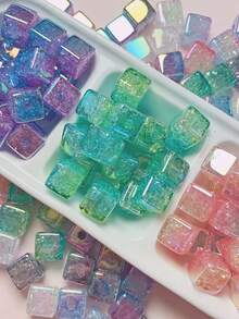 10 件随机款式亚克力镀 UV 多彩双色渐变爆裂直孔珠 DIY 爱心方圆蝴蝶星手机链首饰配件散珠 - 彩色 - 查看 5