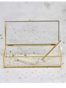 1PC Glass Jewellery Box Clear Trinket Box Vanity Rings Earrings Box Organizer Display Case Decorative Keepsake Box With Lid For Home Wedding Birthday Gift (Gold)-(Chain Style Is Random) Back To School