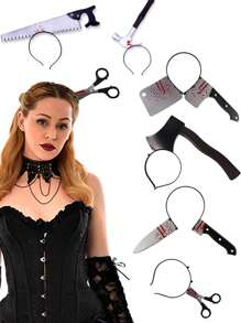 1/4件万圣节头箍见刺刀菜刀剪刀斧头锤仿真穿头吓人菜刀扣恐怖角色扮演道具头箍，万圣节恶作剧拍照道具