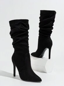 Women's Black Side Zipper Pointed Toe Suede High Heel Boots, Warm Foldable Versatile Party Mid-Calf Boots For Fall & Winter,Sexy - Black - View 3