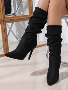 Women's Black Side Zipper Pointed Toe Suede High Heel Boots, Warm Foldable Versatile Party Mid-Calf Boots For Fall & Winter,Sexy - Black - View 5