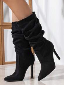 Women's Black Side Zipper Pointed Toe Suede High Heel Boots, Warm Foldable Versatile Party Mid-Calf Boots For Fall & Winter,Sexy - Black - View 4