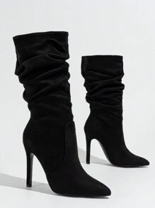 Women's Black Side Zipper Pointed Toe Suede High Heel Boots, Warm Foldable Versatile Party Mid-Calf Boots For Fall & Winter,Sexy - Black - View 2