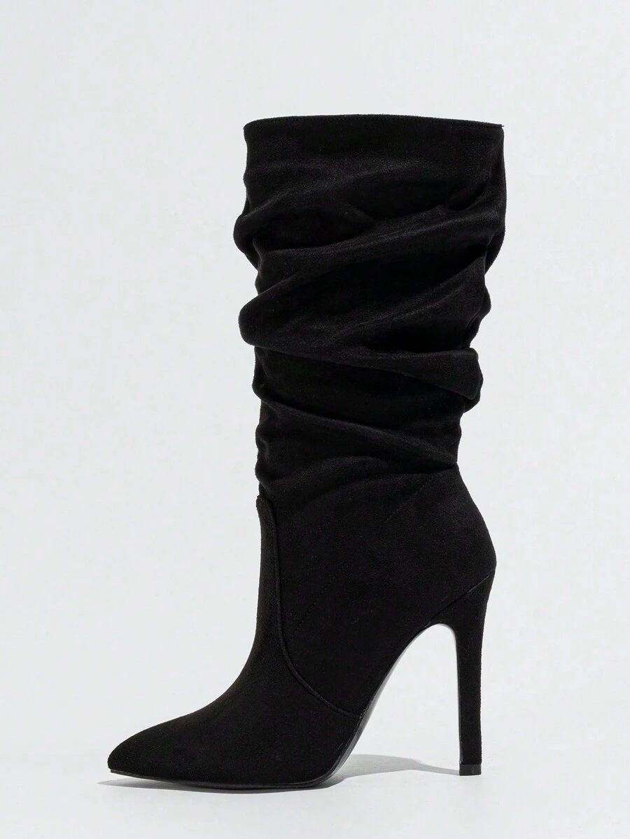 Women's Black Side Zipper Pointed Toe Suede High Heel Boots, Warm Foldable Versatile Party Mid-Calf Boots For Fall & Winter,Sexy - Black - View 1