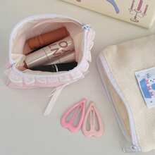 Bolsa de almacenamiento reversible de terciopelo con cremallera y lazo de encaje, estilo dulce para niñas, monedero pequeño, llavero de color rosa pálido con adorno para cartera de mujer, monedero mini